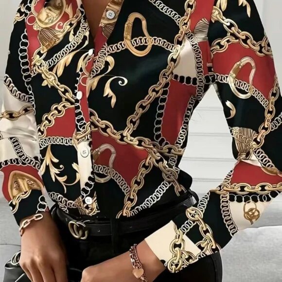 Black Red Chain Print Button-Up Blouse – Long Sleeve Baroque Satin Shirt - Picture 3 of 4